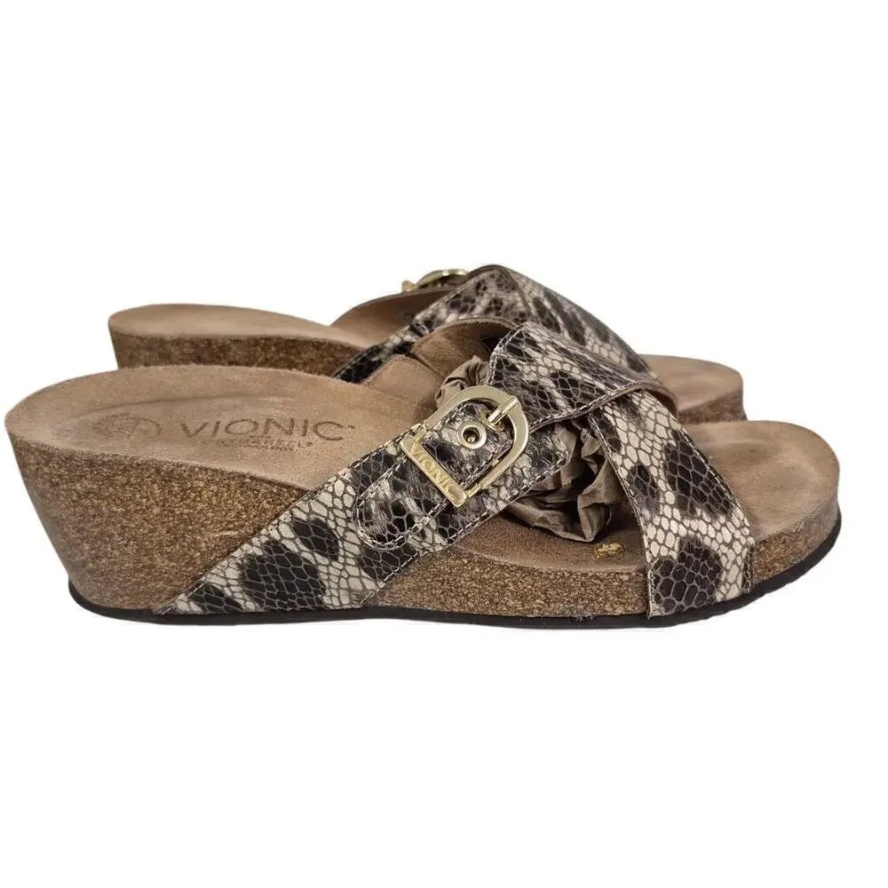 Vionic Orthaheel Danette Cork Wedge Sandal Snakeskin Crisscross Gold Buckle Sz 8
